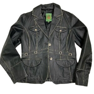 Distressed Black Leather Blazer Jacket size M